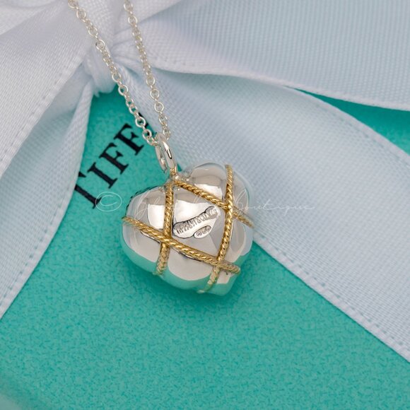 *RARE* Tiffany & Co. Vintage "Quilt Heart" Necklace Puffed 18k Gold Rope Pendant - Picture 3 of 8